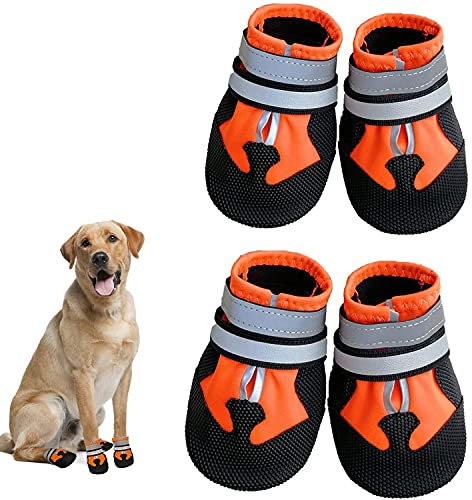 Dricar Hundeschuhe Pfotenschutz, 4 Stück Atmungsaktive Hunde Schuhe Outdoor Sommer, Anti-Rutsch Hundestiefel mit Rutschfester Sohle für Kleine, Mittlere und Große Hunde, Orange, S