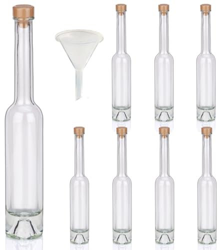 Geniess-Bar! Flaschen Set 8 x 100ml hochwertige Glasflaschen leer mit Korken, Kapseln & 1 Trichter zum selbst Befüllen Whiskyflaschen Ginflaschen Likörflaschen Schnapsflaschen
