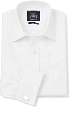THE SAVILE ROW COMPANY LONDON Men's Classic Fit Cotton Twill Formal Shirt - Double Cuff - White - 17 Collar - Standard