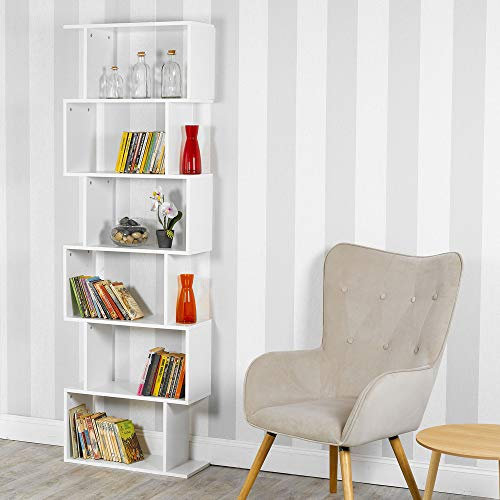 URBNLIVING Wooden S-Shaped Display Bookcase Storage Divider Unit (White, 6 Tier)