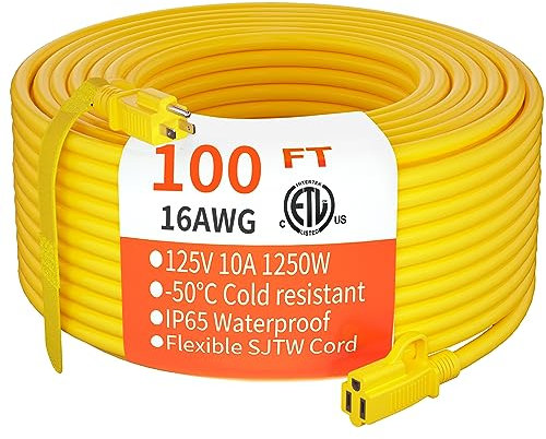 Outdoor Extension Cord 100 ft Waterproof, 16/3 Gauge Flexible Cold-Resistant Appliance Extension Cord Outside, 10A 1250W 16AWG SJTW, 3 Prong Heavy Duty Electric Cord Yellow, ETL HUANCHAIN