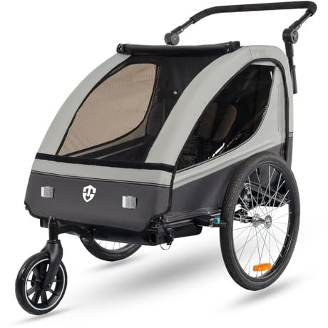 Tiggo VS Kinderanhänger 360° Drehbar mit Federung 2in1 Fahrradanhänger mit Buggy Set Jogger 5-Punkt Gurt Fahrrad Anhänger für 1 bis 2 Kinder max. 40kg (Grau)