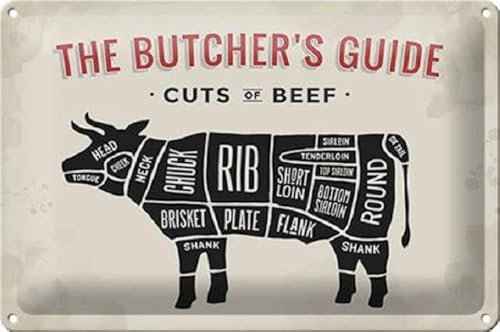 DekoNo7 Blechschild 30 x 20 cm Vintage Sign: The Butcher`s Guide Cuts of Beef
