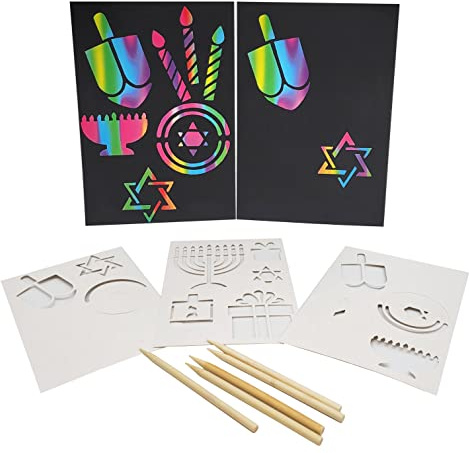 The Dreidel Company 4-Pack Hanukkah Scratch Stencil Art Kit, Rainbow Scratch Art, Bookmarks & Holiday Themed Shapes, Magic Drawing Coloring Sheet Set for Kids Gifts Home Activities (4-Pack)