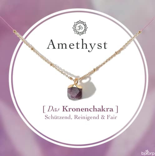 Bixorp Amethyst Chakra Halskette – Handgefertigter Amethyst Anhänger – Vergoldete Edelstahlkette auf Geschenkkarte mit Geschenkumschlag – (36 cm + 8 cm verstellbar)