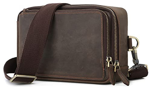 Karoukee Crazy Horse Leder Umhängetasche für Herren, Klassische Kleine Rechteckige Herrentasche, Vintage Look Schultertaschen, Einfache Handtasche Messenger Tasche