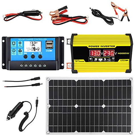 Impianto solare da 300 W, set completo per isola, indipendente dalla rete, con 1 inverter + morsetto per batteria, 1 pannello solare da 18 W, 12 V, morsetto a coccodrillo DC + 1 regolatore di carica