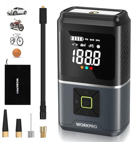 WORKPRO Bomba Hinchable, Inflador de Neumáticos Inalámbrico de 7,2V, Compresor de Aire Portátil, 4 Modos de Inflado, 150PSI/10,3BAR, Pantalla Digital Inteligente LED