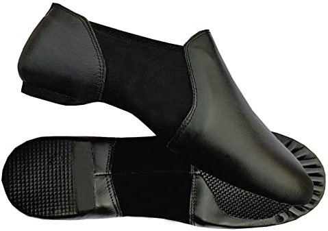 iKelpie Slip On Jazz Dance Shoes Soft Leather Split Sole - Modern Stage Neoprene Dance Shoes Rubber Heel Black, 13 UK Child