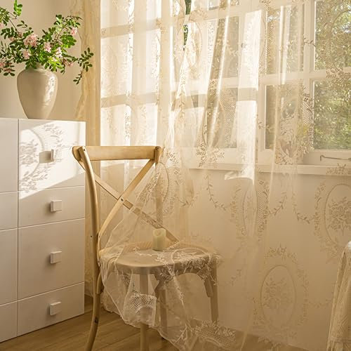 Sutuo Home Beige Spitzen-Vorhänge, 2er-Set, durchscheinende Paneele, 160 cm Länge, Rosenblumenstickerei, Vintage, Voile, Fensterbehandlung, Paar für Schlafzimmer, Wohnzimmer, Shabby Chic-Dekor,