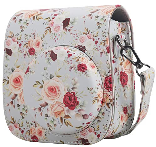 Frankmate Étui de protection compatible avec mini appareil photo instantané 12 11 9 8 avec poche pour accessoires et sangle réglable, Rose rétro, Sac à bandoulière rétro rose à motif floral