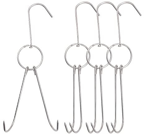 ONEBO 4 Pezzi ganci per carne,Ganci Macellaio,Ganci per carne per affumicare,Ganci doppi rotanti,per appendere cervi, manzo, pesce, merluzzo, pancetta, barbecue, grill