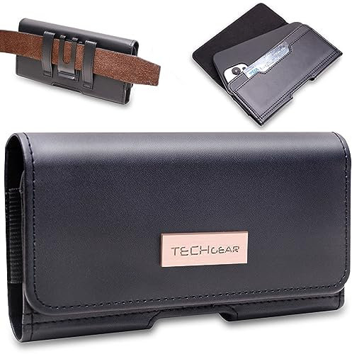TECHGEAR RFID Blocking Card Holder Leather Holster Pouch Case with Belt Clip & Loop for iPhone 15 Plus/14 Plus, 13/12/11/8/XS Max