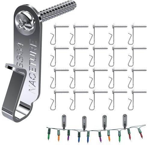 NACETURE String Light Hanger Hooks- Stainless Steel Light Clips, Outdoor Small Screw Hook for Christmas Party Led Light Wire, Led Fairy Light Hook (Sliver 20 Pack)