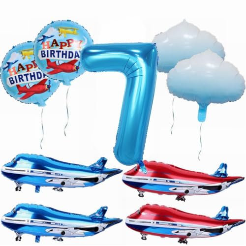Yunchu Online 7. Flugzeug Geburtstag Dekoration Großer Blauer Rot Flugzeug Ballon Flugzeug Geburtstag Ballon Flugzeug Cloud Folienballons Flugzeug Geburtstag Party Set für 7 Geburtstag Junge Mädchen