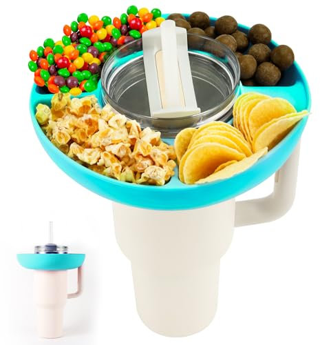 PEUTIER Snack Tray for Stanley H2.0 30oz Tumbler, Reusable Snack Bowl Storage Top Ring Candy Nuts Platter Containers with 4 Compartments for Food Topper Cup Holder for Stanley Cup Accessories (Cyan)