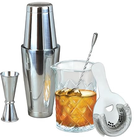 Lily's Home 6-Piece Boston Cocktail Shaker Set: Stainless Steel Bar Set, Includes Shaker, Jigger, Strainer, Spoon, Mixing Glass, Silver