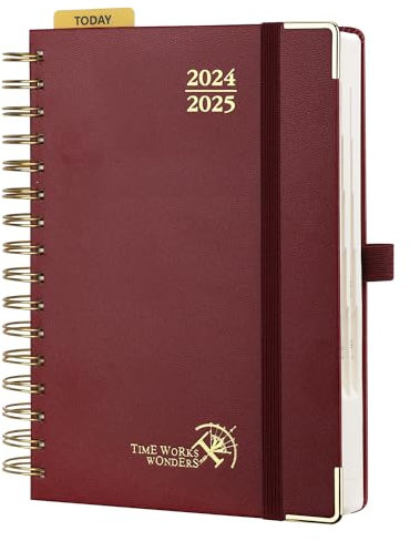 POPRUN Kalender 2024 2025 Tagesplaner 21,5 x 14,5 cm, Tageskalender A5 1 Tag 1 Seite (Montag - Sonntag), Terminplaner (Aug.2024-Jul.2025) Ringbuch mit Hardcover, Plastiklineal - Burgund