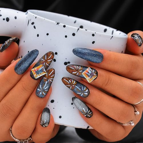 Sethexy Gold Handmade Press On Nails Long Almond Luxury False Nails with Design Acrylic Glossy Pearl Fake Nails Salon Nail for Women and Girls 10PCS (Blue2)