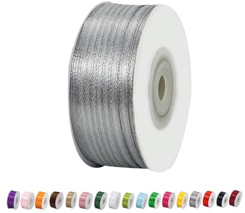 Satinband Silbrig 3mm Breit Geschenkband Satin,91m Satinbänder Silbrig Dick Schleifenband Dekoband Seidenband Geschenkverpackung Stoffband Geschenkbänder für Dekorieren Basteln Kleid Hochzeit