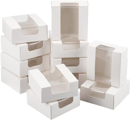 NBEADS 30 Stk. Geschenkboxen mit PVC-Fenster, 8x8x3.5cm Kraftpapier-Karton-Box Faltbare Lagerung Geschenk-Boxen für Party Gunst Leckereien Bäckerei und Schmuck Verpackung, Weiß