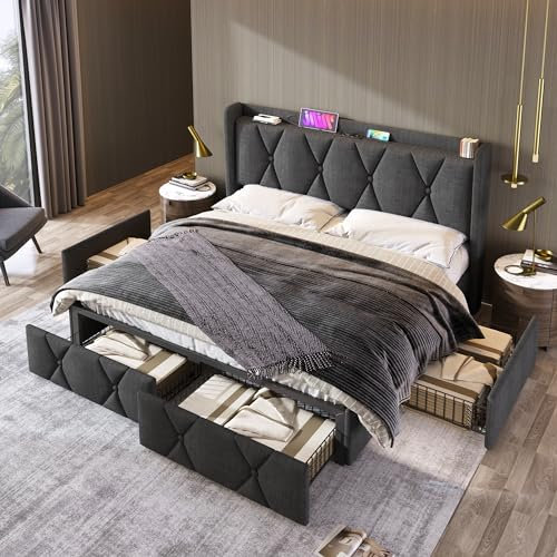 Becag Polsterbett 140x200, Doppelbett mit 4 Schubladen Stauraum, Kopfteil mit USB-Ladefunktion, Rückenlehnebett mit Lattenrost, Jugendbett Stauraumbett, Metall Bettgestell, Ohne Matratze, Leinen Grau