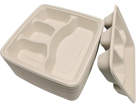 DISPOSABLE GREEN – Square Disposable Bagasse Compartment Plates, 4-Compartment Divided Plates for Hot, Cold, Wet, & Oily Food, Portion Control, 23cm x 5cm