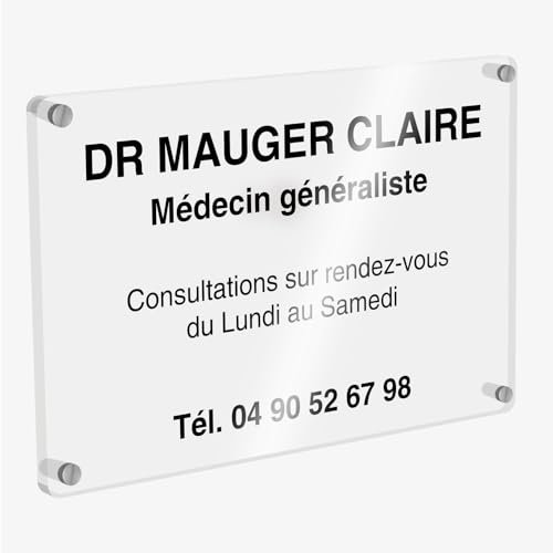 Plaque professionnelle transparente en Plexiglas à personnaliser avec entretoises - format 30x20 cm