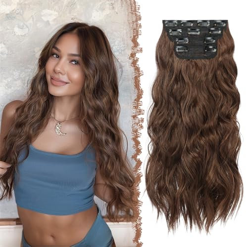 FESHFEN Clip in Extensions, 4PCS 50 cm Voller Kopf Haarverlängerungen mit Clips Synthetik Gewellte Haarextension Gemischt Braun Wavy Haar Extensions Clip in Haarteil für Frauen, 180g