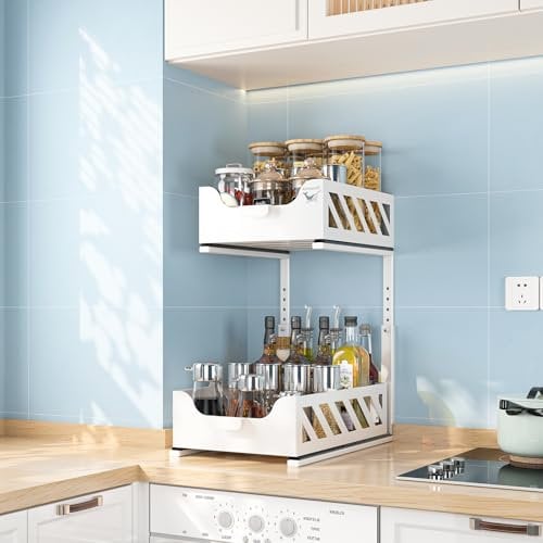 KANCAMPI Arbeitsplatte küche Spülbecken Organizer,Spülschrank Organizer Gewürzregal schublade,Metall schrank organizer küche,Putzmittel organizer küchen Teleskopschublade ausziehbare schublade,Weiß