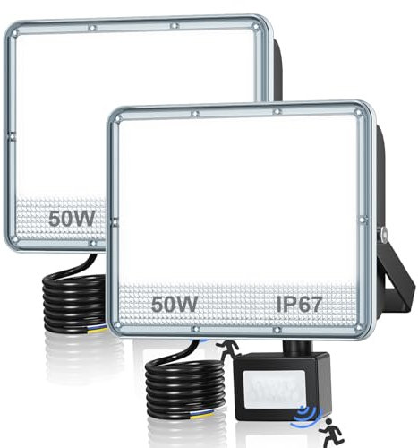 VRTOGTHE Foco LED Con Sensor De Movimiento - 2 Piezas 50W 5000LM Super Brillante Proyector LED Exterior, IP67 Impermeable 7000K Blanco Foco Exterior para Jardín, Patio, Garaje, Fábrica