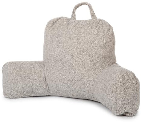 Flumi Rückenlehnenkissen mit Armlehnen zum Lesen Fernsehen oder Entspannen, Lesekissen für Bett und Sofa mit Waschbar Bezug Bettauflage Foam Füllung, Rückenstütze mit Tragegriff (Boucle Grau)