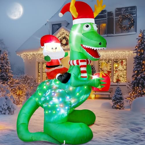 Vintoney 244 cm/ 8 FT Inflatable Dinosaur Santa Claus 2024, Christmas inflatables decorations outdoor decoration large blow ups for yard holiday xmas indoor garden holiday air filled led