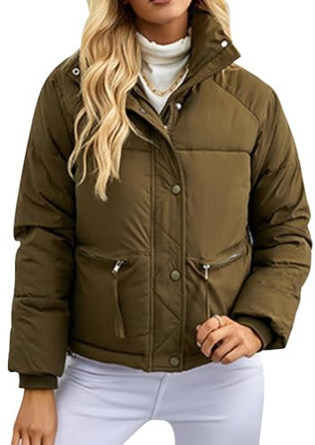 AGYMNX Veste d'hiver pour femme - Courte - Doublure chaude - Veste matelassée pour femme - Manteau de ski - Veste de transition - Veste softshell - Veste d'hiver élégante avec poches, kaki, L