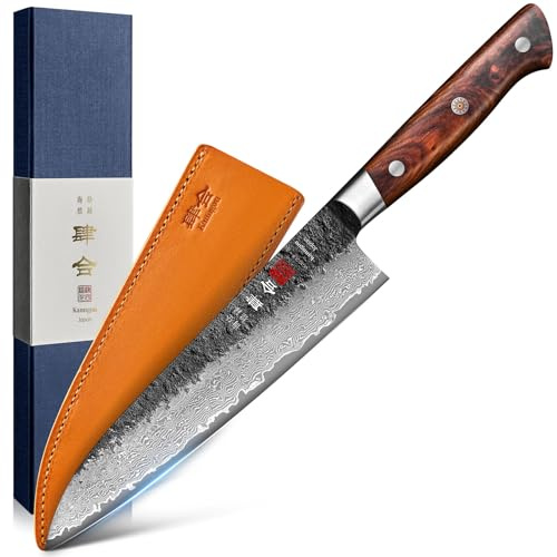 kanngou Couteau de cuisine en acier Damas 21 cm Gyuto, couteau de chef japonais extrêmement tranchant en acier VG-10 avec manche ergonomique en bois de Pakka, design Full-Tang robuste et boîte cadeau