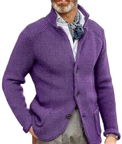 Bciopll Uomo Maglione Giacca Slim Suit Stand Collare Lavorato A Maglia Maglione Tinta Unita Casual Cardigan, Viola, M