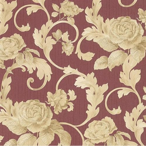 Red and Gold Leaf Damask Wallpaper - Classic Traditional Glamorous - Textured Heavyweight Vinyl Stylish Feature Wall
