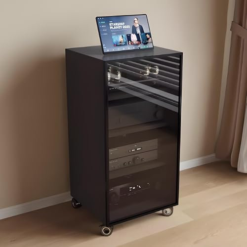 Supporto multimediale AV mobile a 1/2/3 livelli. Torre audio rack con ripiani regolabili. Con porte in vetro temperato. Supporto stereo multimediale multifunzionale con lettore CD per DJ/teatro (gri