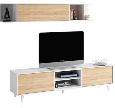 duehome | Mueble de salón, Comedor, Módulo TV + Estante, Modelo Niva, Color Blanco Brillo y Roble Canadian, Medidas: 180 cm (Ancho) x 51 (Alto) x 41 cm (Fondo)