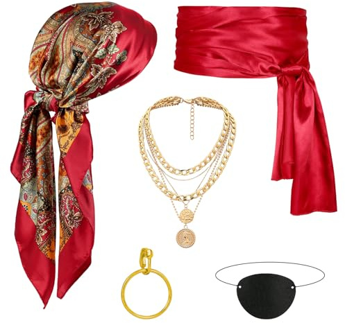 Applysu 5 Stück Piraten Zubehör Frauen Männer Piratenkostüm Zubehör Set mit Bandana, Halskette, Ohrringen, Gürtel, Augenklappe, Armband