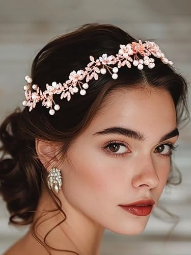 IYOU Crystal Bridal Hair Vines Leaf Rose Gold Wedding Headband Pearl Flower Bride Bridesmaid Hair Accessories for Women