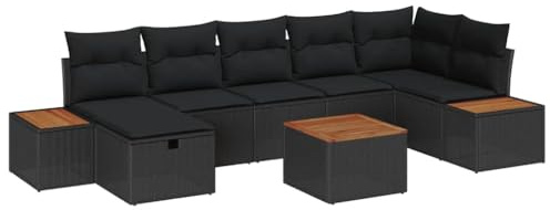 vidaXL 8-teiliges Garten-Sofa-Set mit Kissen in Schwarz aus Poly Rattan – Gartenmöbel für die Aufbewahrung, Terrassen-Essz Tisch, Buffet, Al Fresco Unterhaltung und modulares Hinterhof-Design.