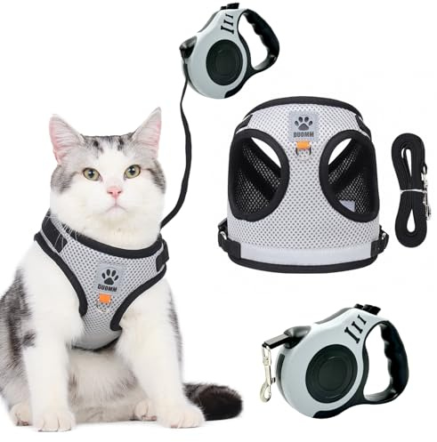 MOTIBACK Katzengeschirr mit Katzenleine, Ausbruchssicheres Kitten-Geschirr mit Automatisch Ausziehbarer Leine, Perfekt für Hunde, Welpen und Haustiere beim Spazierengehen. (M)