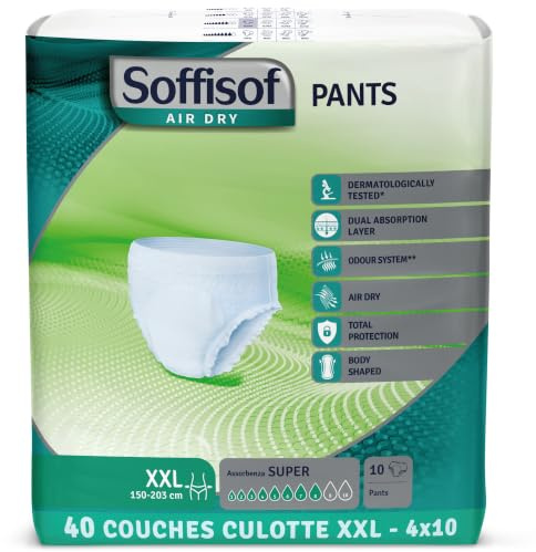 Soffisof Air Dry Pants Super XXL - 40x Pannoloni per Anziani a Mutandina - 4 Confezioni da 10 Mutande Assorbenti per Incontinenza Donna e Uomo - Pants Adulti 8 Gocce - XX-Large (150-203 cm)