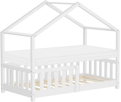 ML-Design Kinderbett Hausbett 70x140 cm Weiß mit Matratze, Holzbett mit Rausfallschutz, Lattenrost, Dach, Spielbett aus Kiefernholz für Kinder, Montessori Bodenbett Bettgestell Bettenhaus Juniorbett