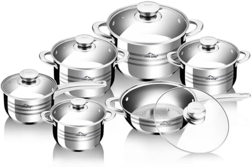 SMHLINE® 12-tlg Topfset Töpfe Set induktionsgeeignet Kochtopf Set Pfannen Edelstahl Kochgeschirr Pfannenset Glasdeckel Küchensets Bratpfanne
