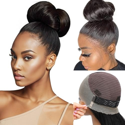 RXY Hidden Straps Perücke Damen Echthaar 360 Full Lace Front Human Hair Wig With Drawstring，Invisible Strap 200% Dichte Straight Echthaar Perücke Pre Plucked With Baby Hair for Women 16 Zoll（41cm)