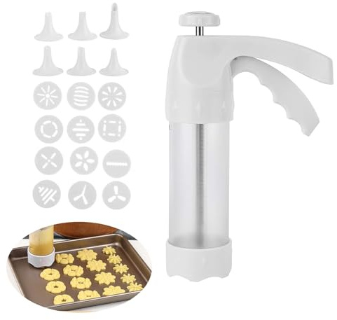 Livoravoli Cookie Press Gun Kit, Spritz Cookie Press, Stainless Steel and Plastic Cookies Maker with 12 Cookies Discs and 6 Nozzles for Baking Biscuit Making, Cake Decoration