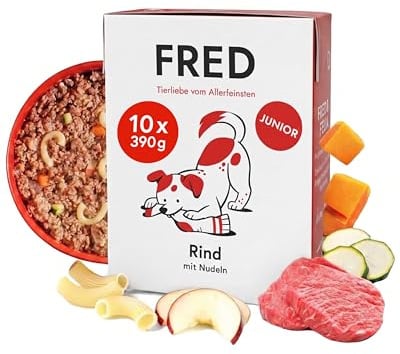 FRED Junior Hundefutter Rind mit Nudeln 10 x 390 g I Monoprotein Nassfutter mit Muskelfleisch I Schonend gegart & gut verträglich I Mit Zucchini, Karotten & Apfel I Alleinfuttermittel für Welpen