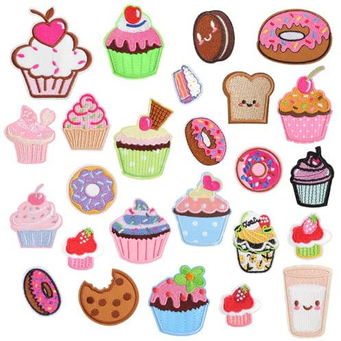 25 Stück Patches zum Aufbügeln Cupcake Stickere Aufnäher Kinderkleidung Jacke Tasche